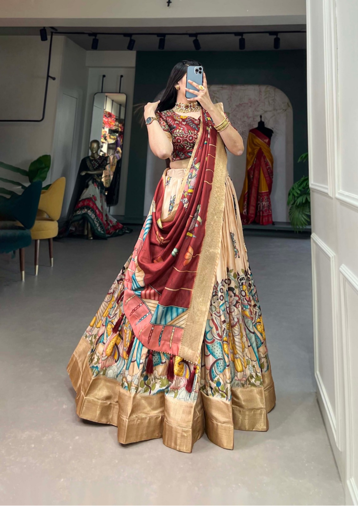 Beige Kalamkari Dola Silk Lehenga Set with Zari Weaving