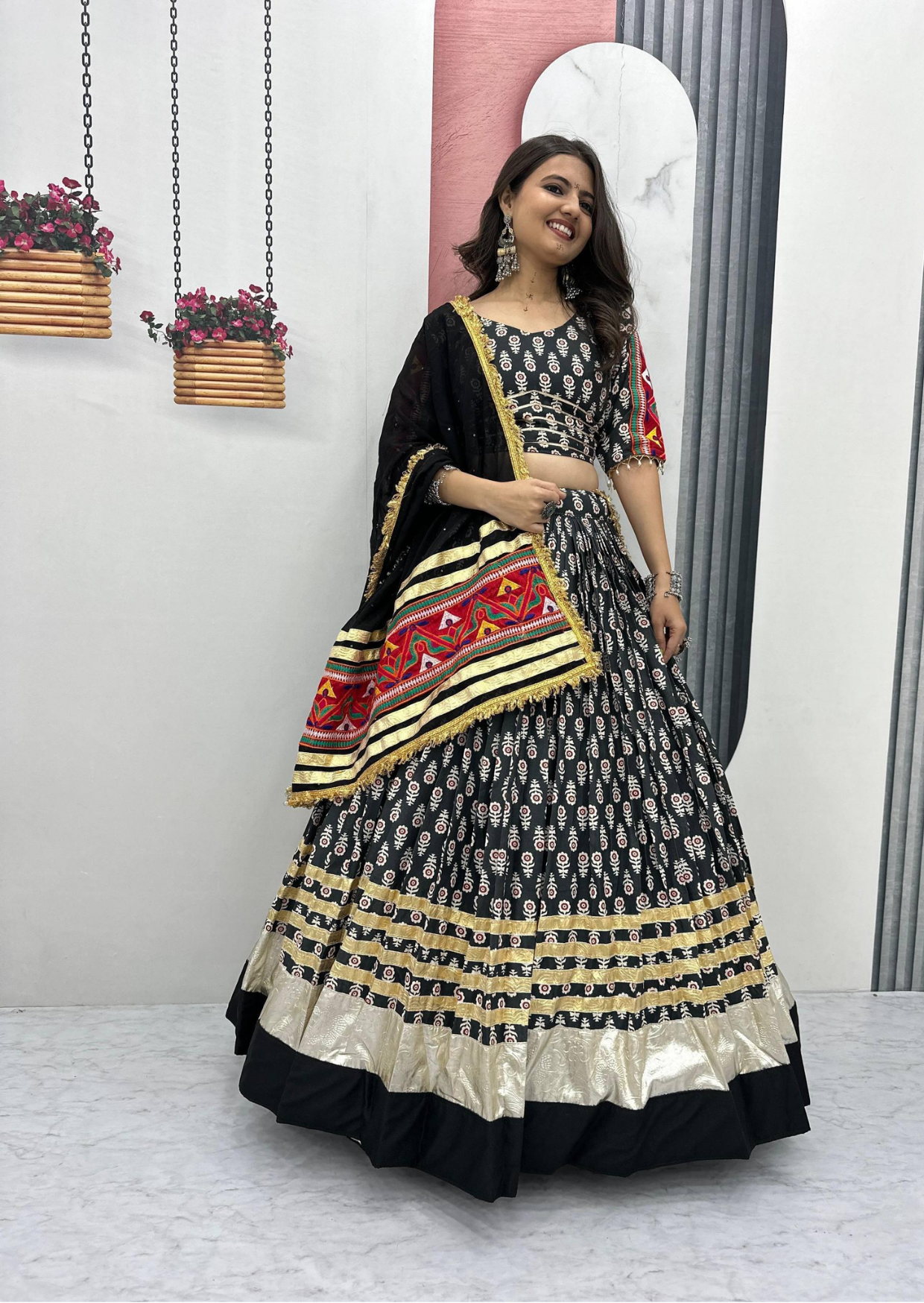 Gamathi Ribbon Work Riyon Cotton Lehenga Choli Set